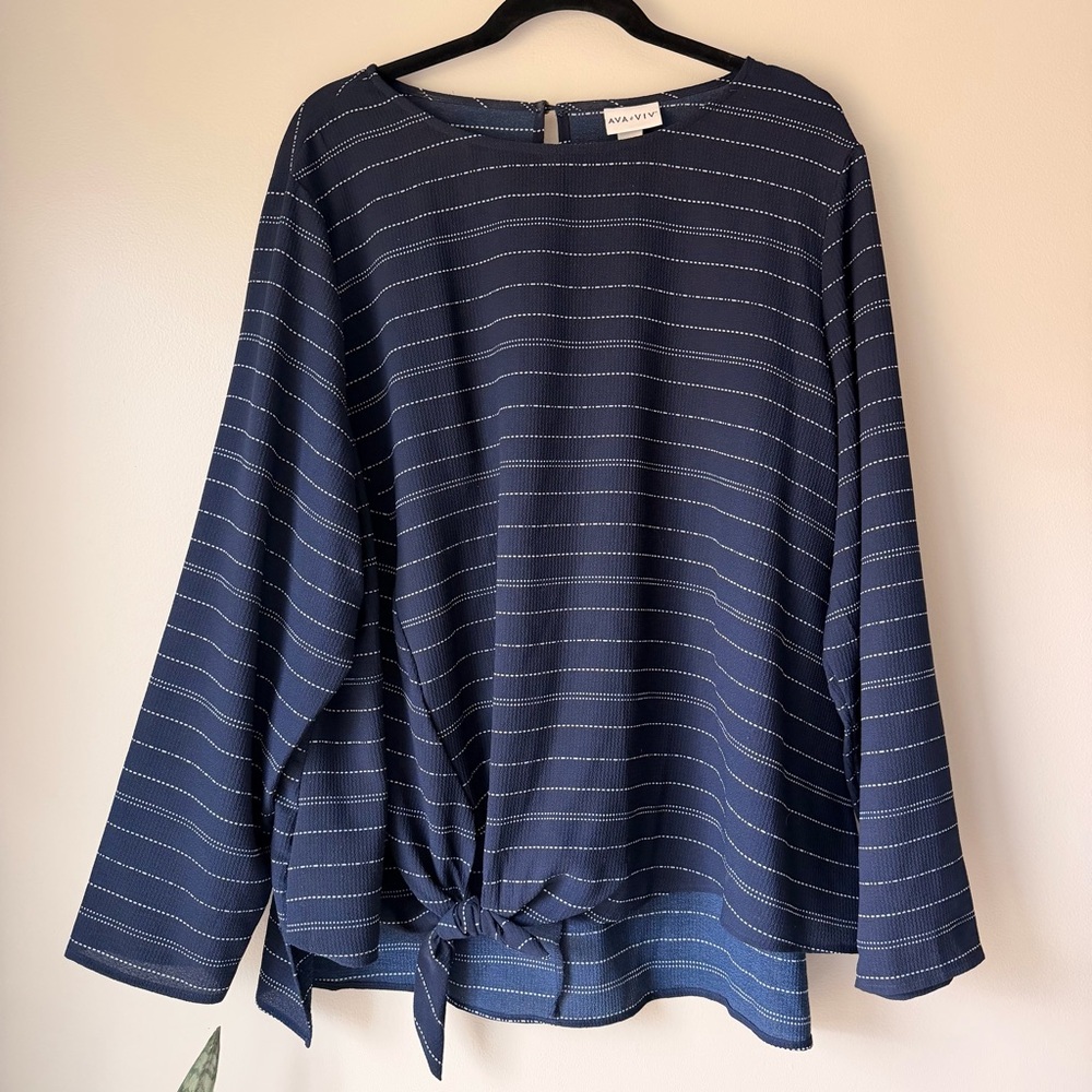 Ava & Viv Navy Striped Blouse with Tie Detail